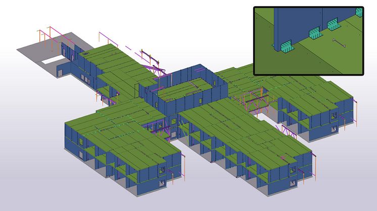 Tekla-modell över äldreboendet i Mockfjärd. Närbild på infästningarna. Bild: Structor Byggteknik Dalarna