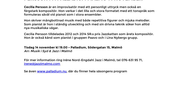Med flygeln i centrum – Cecilia Persson på Palladium Malmö 14 november