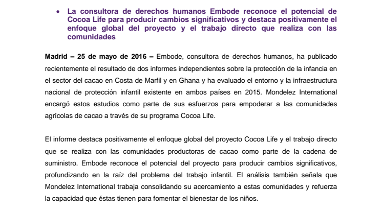Mondelez refuerza su compromiso en contra del trabajo infantil  en la producción de cacao a través de su proyecto Cocoa Life
