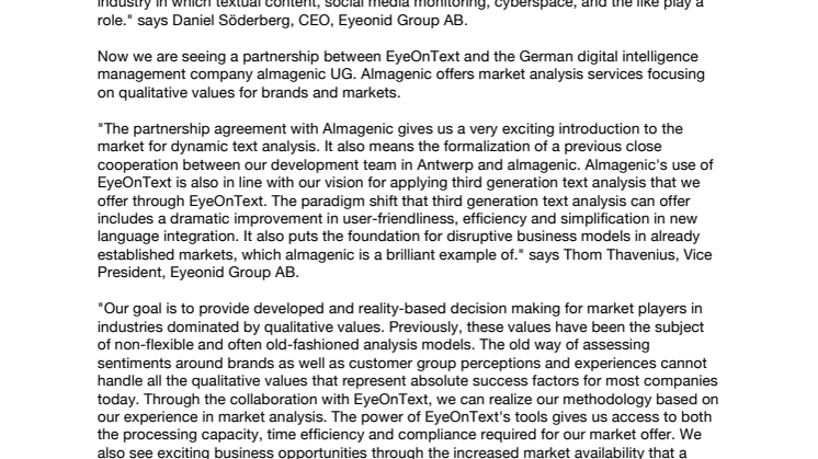 Eyeonid Group AB (publ) announces the EyeOnText partnership with almagenic UG