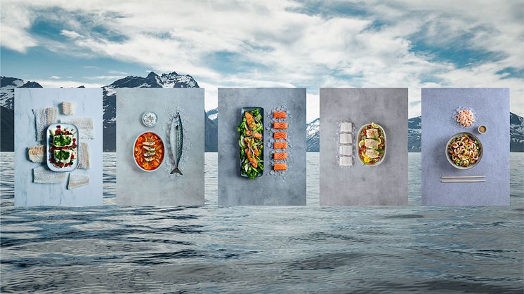 Kollasj av norsk sjømat. Bakgrunnsfoto: Knut Åserud. Matbilder av klippfisk, makrell, laks, skrei og reker: Studio Dreyer Hensley