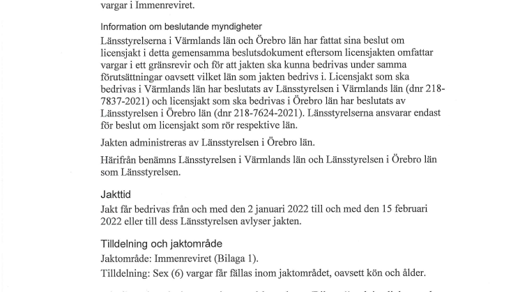 Beslutet om licensjakt efter varg i Värmlands län och Örebro län Immenreviret 2022.pdf