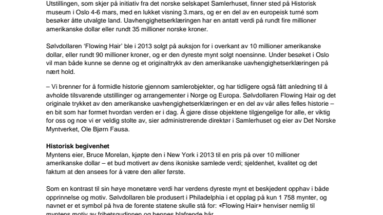 Verdens dyreste mynt og den amerikanske uavhengighetserklæringen til Norge