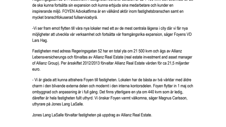 Jones Lang LaSalle hyr ut ca 1 100 kvm till FOYEN Advokatfirma 