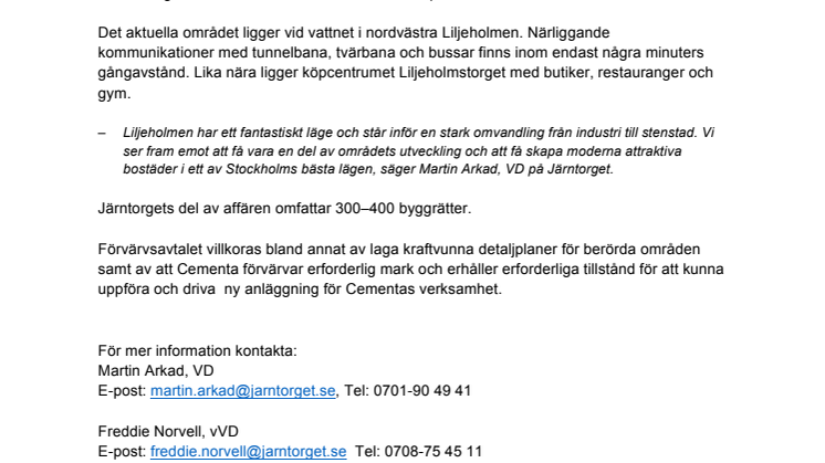 Järntorget tecknar avtal om förvärv av bostadsbyggrätter i Liljeholmen