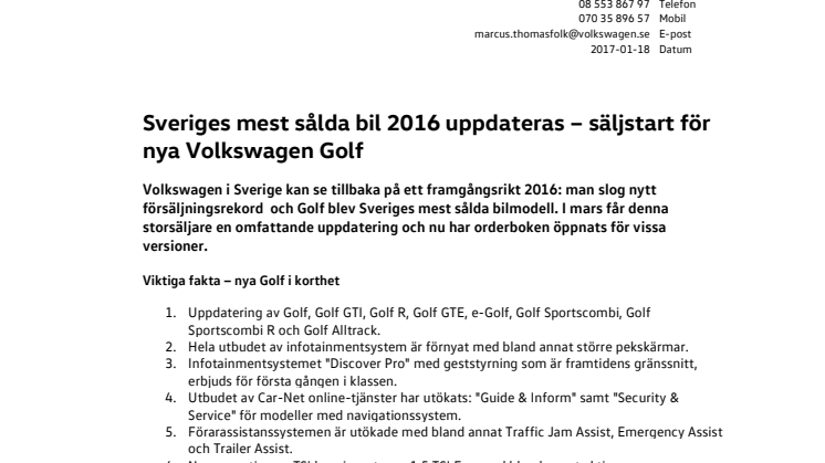 Sveriges mest sålda bil 2016 uppdateras – säljstart för nya Volkswagen Golf