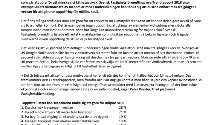 Svensk Fastighetsförmedlings trendrapport visar: Detta är vi beredda att göra för miljöns skull