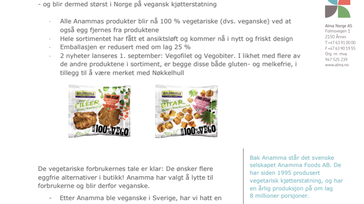 Anamma fjerner egg fra samtlige produkter -  og blir dermed størst i Norge på vegansk kjøtterstatning