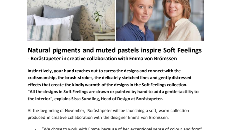 Natural pigments and muted pastels inspire Soft Feelings  - Boråstapeter in creative collaboration with Emma von Brömssen