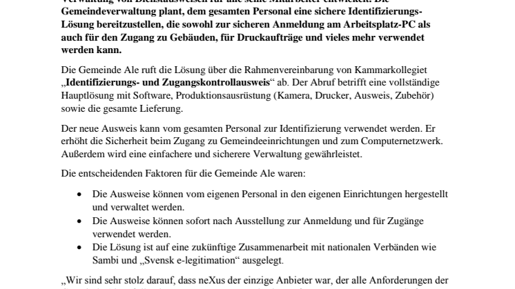 neXus liefert Dienstausweislösung für die Gemeinde Ale 