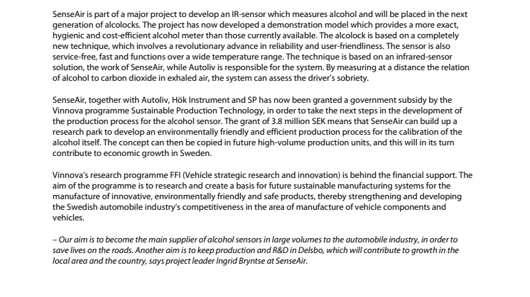 SenseAir AB receives 3.8 million from Vinnova to run a major project totaling 15.4 million for the development of alcolock calibration