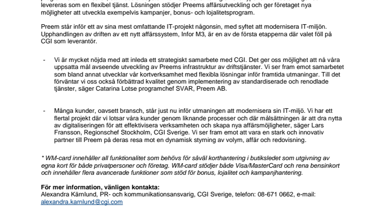CGI levererar korttjänster och drift av affärssystem till Preem och bidrar till en moderniserad IT-miljö