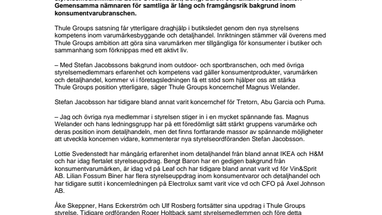 Thule Group får ny styrelse med fokus på varumärkesbyggande och detaljhandel