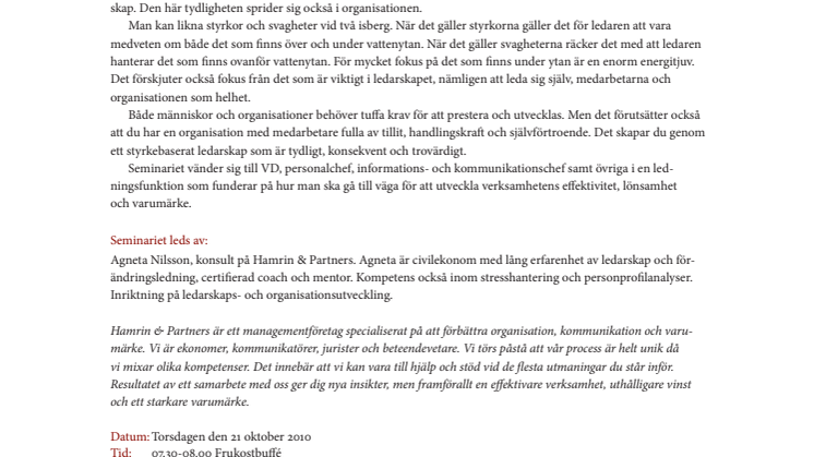 Frukostseminarium 21 oktober: Styrkebaserat ledarskap - Nyckeln till en framgångsrik företagskultur och ett starkt varumärke