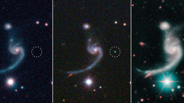 Före, under och efter att den svaga supernovan iPTF14gqr dök upp i utkanten av en spiralgalax 920 miljoner ljusår bort. Den massiva stjärnan som dog i supernovan lämnade efter sig en neutronstjärna i ett binärt system. Foto: SDSS/Caltech/Keck.