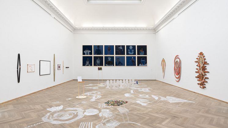 Ayesha Elisabeth Ghaoul, Gazelle Horns, 2023. Emil Krog, Lysende forgreninger, Korn I muld, Frugtens hvælning, 2023. C Clement, Fifteen stitches in each nipple, a thousand stitches in drawn bodies, 2023. 