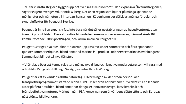 Peugeot etablerar huvudkontoret i den expansiva Öresundsregionen 