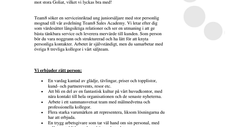 Juniorsäljare sökes till Team8 Sales Academy