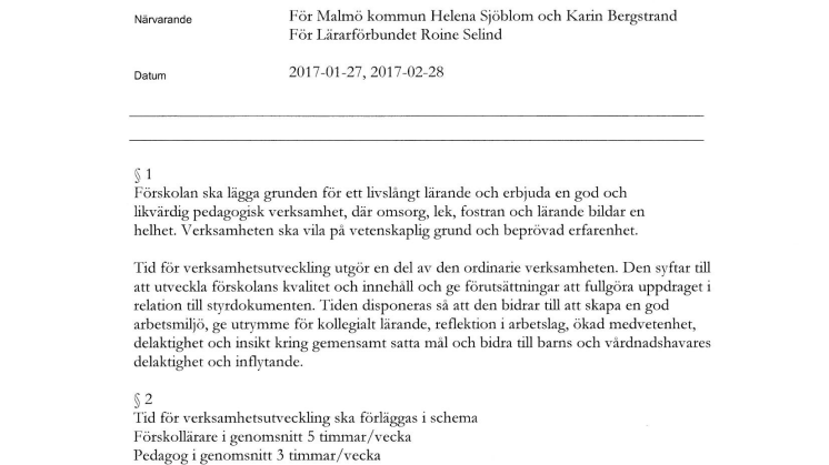 Kollektivavtal Lärarförbundet - Tid för verksamhetsutveckling vid förskoleförvaltningen