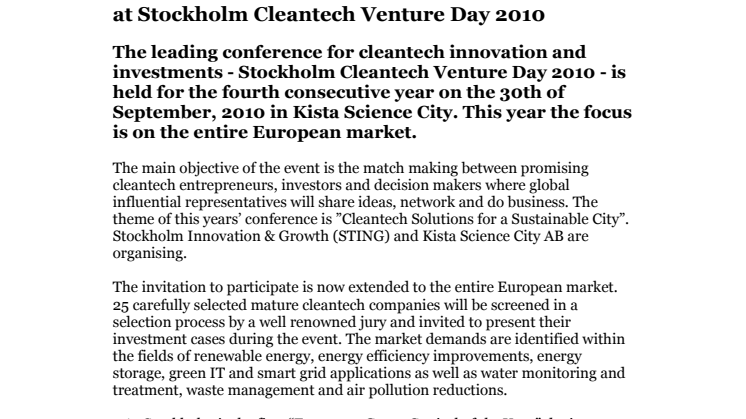Cleantech innovation meet international investors at Stockholm Cleantech Venture Day 2010