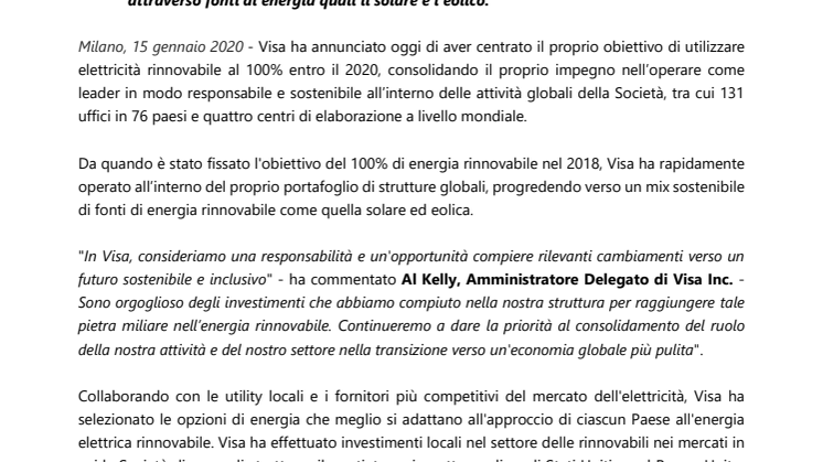 Visa raggiunge l’obiettivo del 100% di energia elettrica da fonti rinnovabili