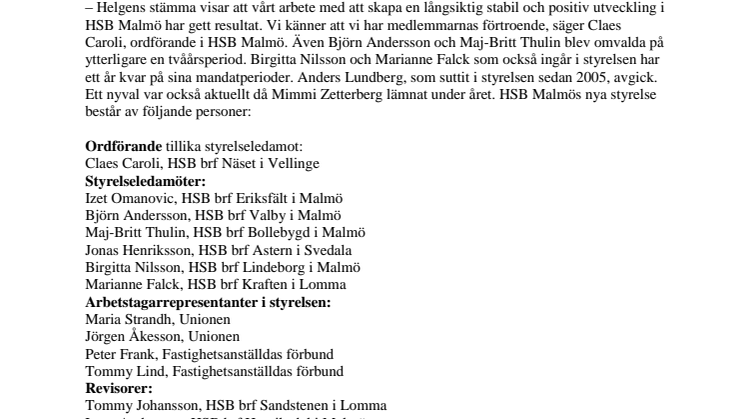 Stabilitet i HSB Malmös styrelse efter helgens stämma