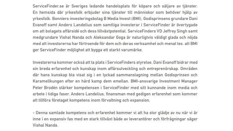 BONNIER OCH GODISPRINSENS GRUNDARE  GÖR GEMENSAM SAK OCH INVESTERAR  I SERVICEFINDER