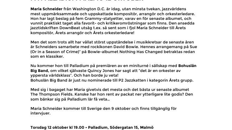 Turnépremiär! Maria Schneider & Bohuslän Big Band på Palladium Malmö 12 oktober