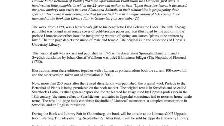 Linnaeus' earliest and thinnest opus to be published