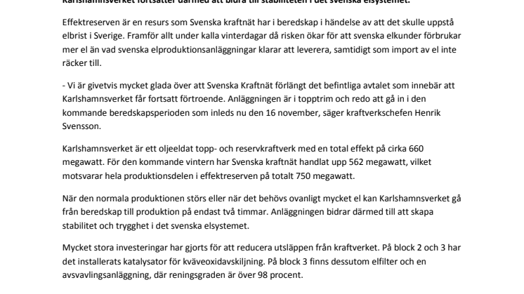 Karlshamnsverket får förnyat förtroende för effektreserven fram till 2025 