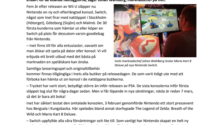 Nattöppet hos Inet när Nintendo Switch släpps 