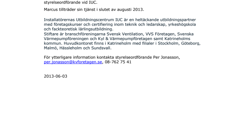 Marcus Andersson - ny verkställande direktör vid Installatörernas Utbildningscentrum, IUC 