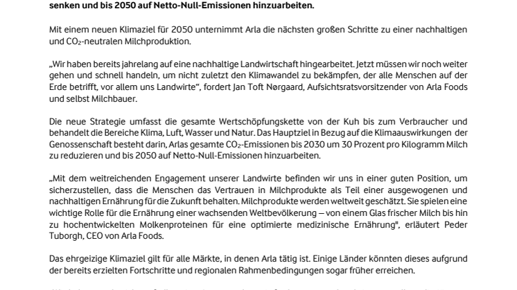 Arla Foods strebt CO2-neutrale Milchwirtschaft an 