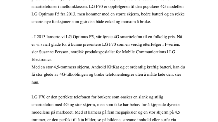 NYE F70 ER ET FRISKT TILSKUDD TIL LGs F-SERIE PRISVENNLIGE 4G-MOBILER