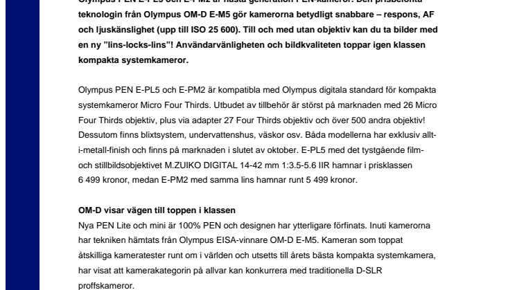 Olympus PEN Lite och mini med OM-D teknologi tar ledningen i klassen kompakta systemkameror