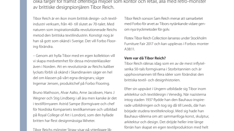 Forbo Flooring hyllar brittiske design-ikonen Tibor Reich med en helt ny golvserie – Flotex Tibor Reich Collection