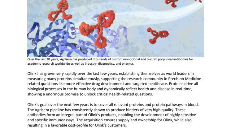 Olink Proteomics AB announce strategic acquisition of Agrisera AB to accelerate production of dedicated antibodies for development of new immunoassays 