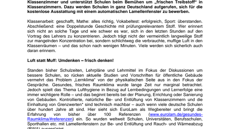 EuroLam startet bundesweite Frischluft-Initiative gegen muffige Klassenzimmer