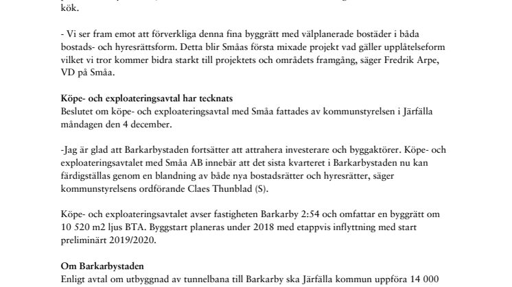 Småa bygger 200 hyresrätter och bostadsrätter i Barkarbystaden