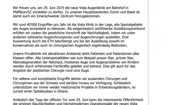 Vista Klinik neu am Bahnhof Pfäffikon/SZ