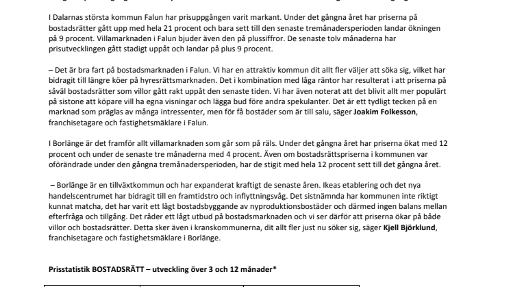 Priser på bostadsrätter i Dalarna kraftigt uppåt