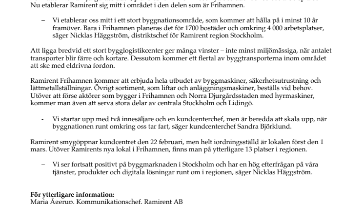 Ramirent öppnar kundcenter mitt i Stockholms största stadsutvecklingsområde