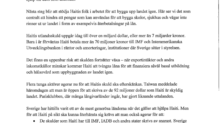 Forum Syd till Anders Borg: Verka för avskrivning av Haitis skuld 