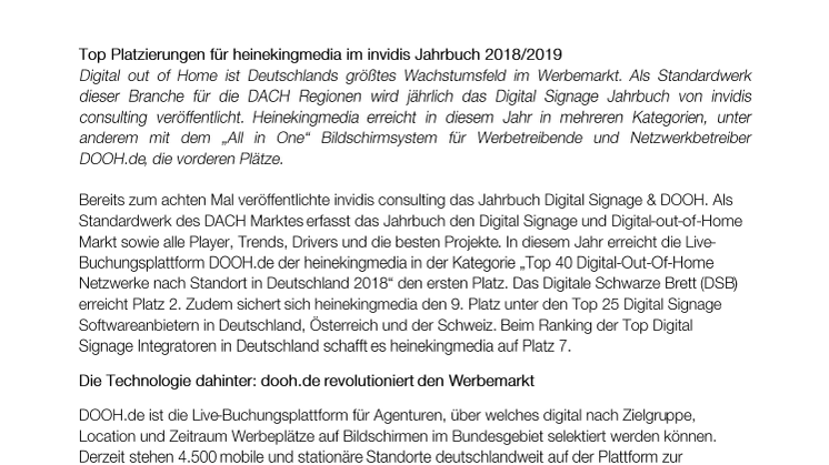 Top Platzierungen für heinekingmedia im invidis Jahrbuch 2018/2019