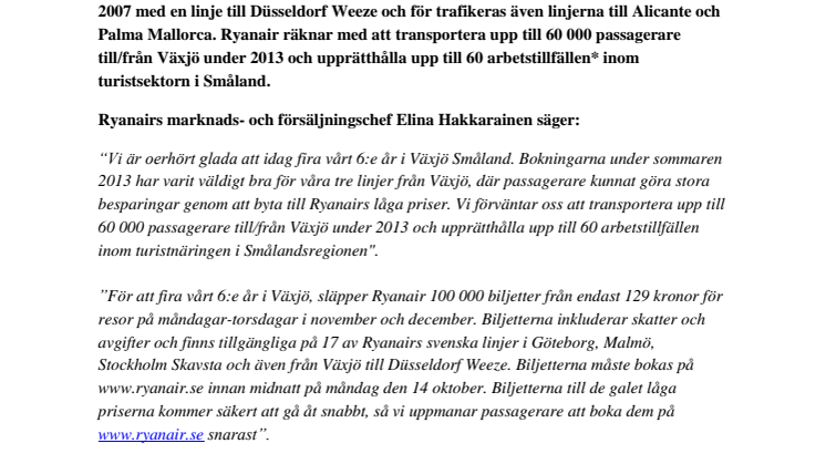 Ryanair firar sex år på Växjö Småland Airport