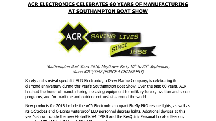 ACR Electronics: Southampton Boat Show: ACR Electronics Celebrates 60 Years of Manufacturing at Southampton Boat Show