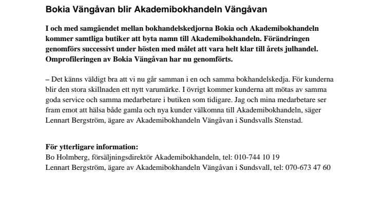 Bokia Vängåvan blir Akademibokhandeln Vängåvan