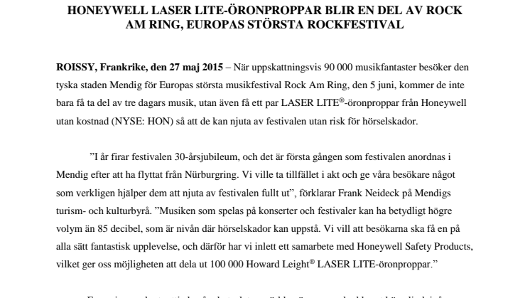 Honeywell LASER LITE-öronproppar blir en del av Rock am Ring, Europas största rockfestival 