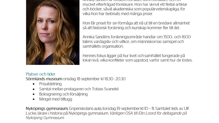 Annika Sandén tar emot Stora historiepriset på Sörmlands museum onsdagen den 18 september