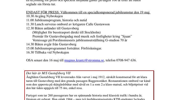 Pressinbjudan: M/S Gustafsberg VII firar 100 år med jubileumstur
